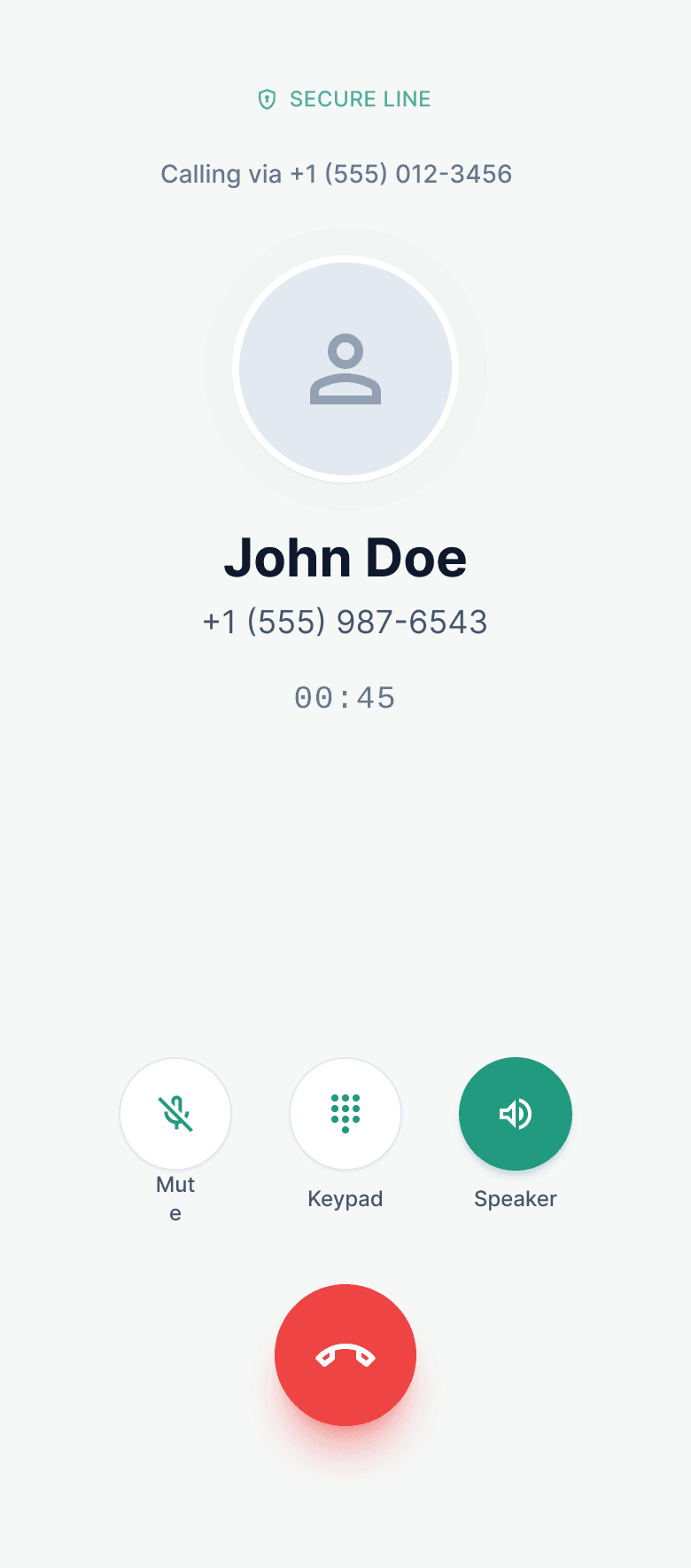 SpareNumber active call screen with mute, keypad and speaker controls