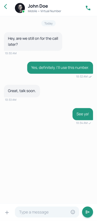 SpareNumber SMS conversation showing a two-way text thread sent from the virtual number