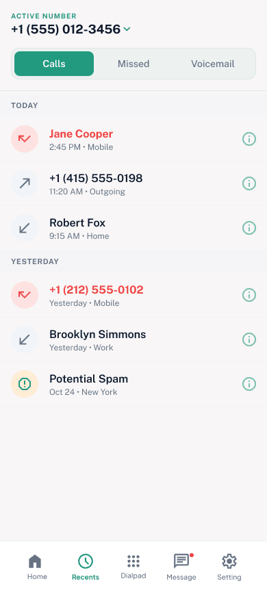 SpareNumber call history with missed-call and spam labels