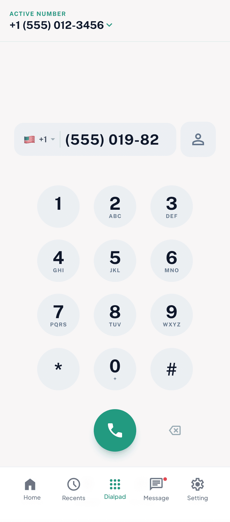 SpareNumber dial pad showing an active second phone number